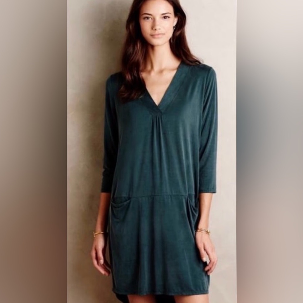 Dolan Anthropologie Deep Teal Plunge Neck 3/4 Sleeve Coastal Summer Midi Dress